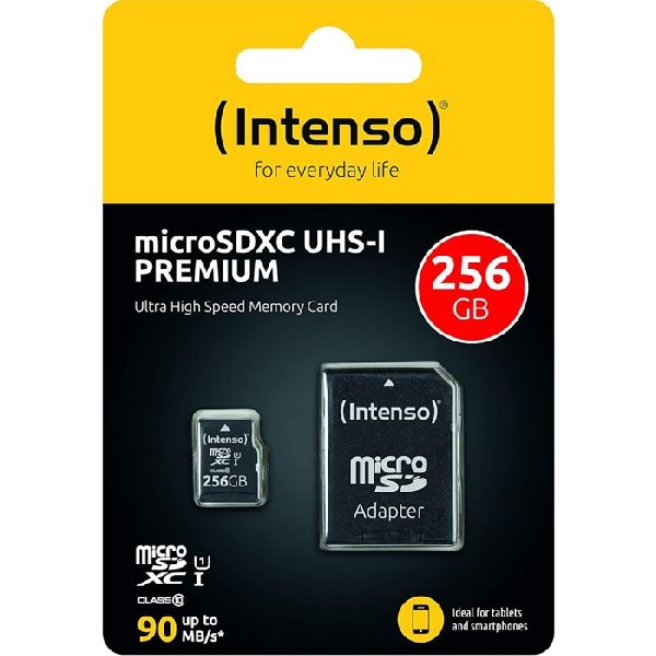 Intenso 3423492 Intenso microSDHC-Karte UHS-I Premium, Klasse 10, 256 GB, mit Adapter auf SD Slot