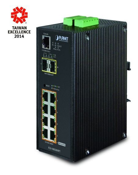 Planet IGS-10020HPT Planet Industrial Gigabit Switch IGS-10020HPT, 8 Port PoE, 2 Port SFP