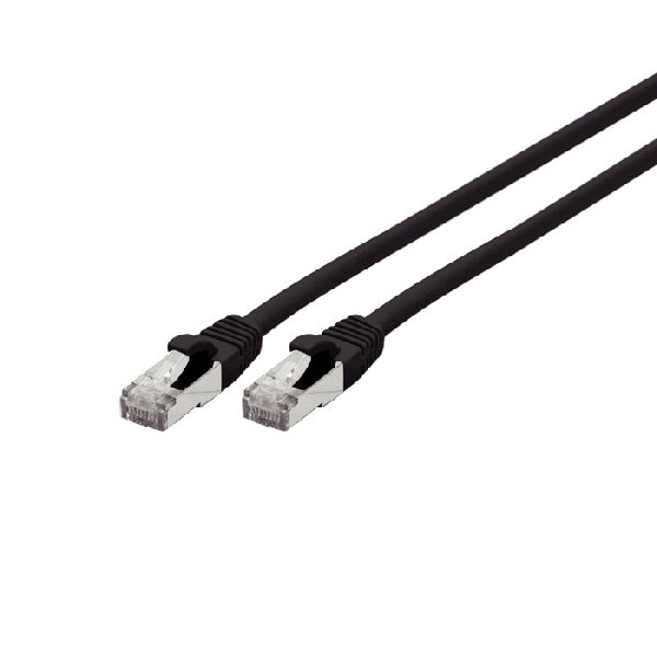 Exertis Connect 858482 Patchkabel Cat. 6A, S/FTP (PiMF), halogenfrei, mit Rastnasenschutz, schwarz, 0,3 m