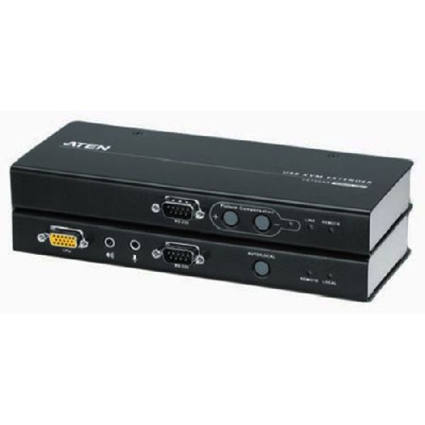 Aten CE750A ATEN KVM Extender mit Audio über Cat.5e Verkabelung, für Touchscreen geeignet, USB, RS232, Desktop und 19 Zoll fähig, mit Überspannungssch