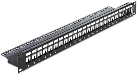 Delock 43277 DeLOCK Modulträger für 24 Keystone-Anschlussbuchsen, 19 Zoll, mit Zugentlastungsschiene, schwarz