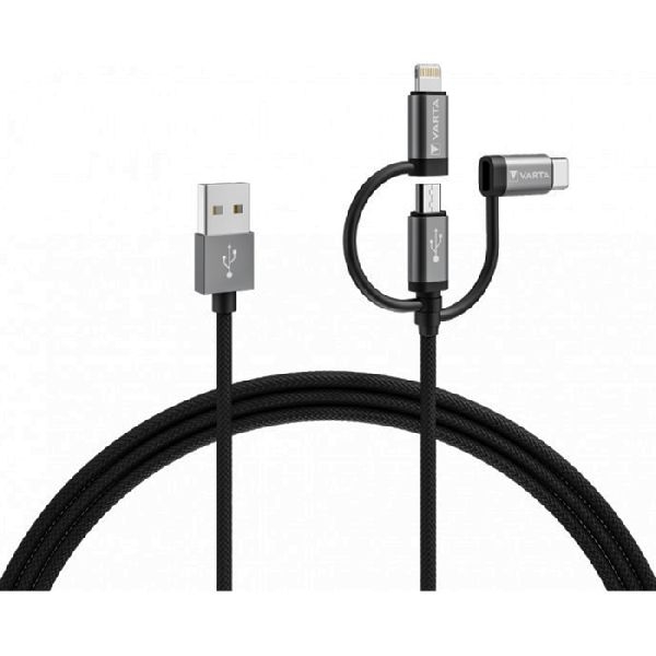 Varta 57937 VARTA 3in1 Speed Charge &amp; Sync Kabel USB A an Micro USB, USB Typ C und Lightning, 12 Watt, 2,0 m