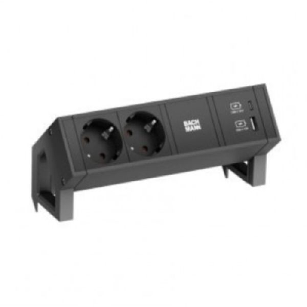 Bachmann 902962 Bachmann DESK 2 Steckdosenleiste PURE BLACK 2 x Schutzkontakt, 1 x USB A/C, schwarz