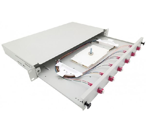 Tecline 205OM4LC6 Tecline LWL Spleißbox, 6-fach LC-Duplex, OM4, mit LC Duplex-Kupplungen und Pigtails, 19", ausziehbar, lichtgrau RAL 7035
