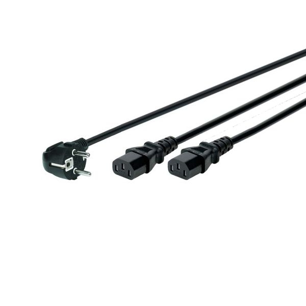 Exertis Connect 808410 Y-Netzanschlusskabel, Schutzkontaktstecker abgewinkelt an 2x Kaltgerätebuchse, 1,8 m