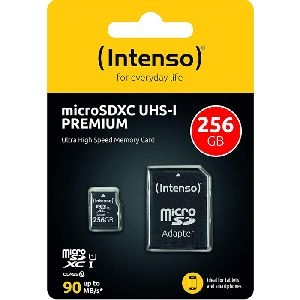 Intenso 3423492 Intenso microSDHC-Karte UHS-I Premium, Klasse 10, 256 GB, mit Adapter auf SD Slot