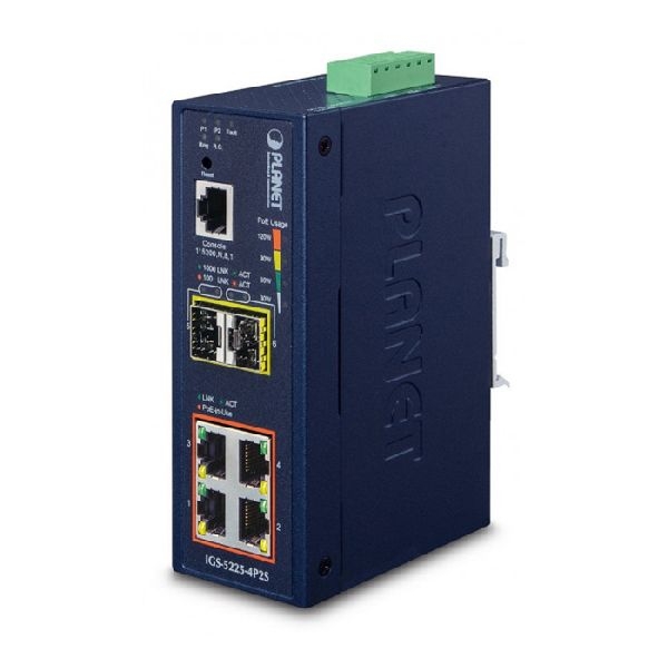 Planet IGS-5225-4P2S Planet Industrial Gigabit Switch IGS-5225-4P2S, 4 Port, POE+, 2x SFP 2,5Gbit, für Hutschienenmontage