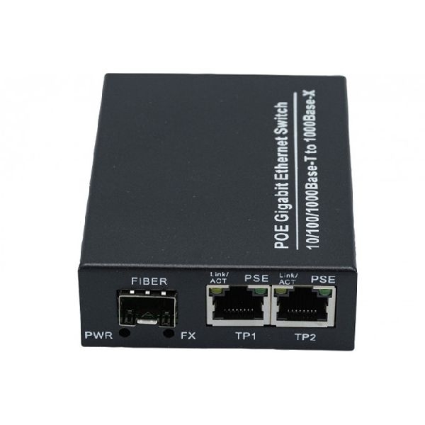 Exertis Connect 311793 Medienkonverter mit 30 Watt PoE+-Injektor, 2x 1000/100/10 Mbit/s (RJ45), 1x SFP Slot 1000/100 Mbit/s