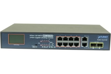 Planet FGSD-1022VHP Planet Gigabit Switch FGSD-1022VHP, 8 Port Fast Ethernet, 2 Port Gigabit Combo Ports, PoE, 19 Zoll