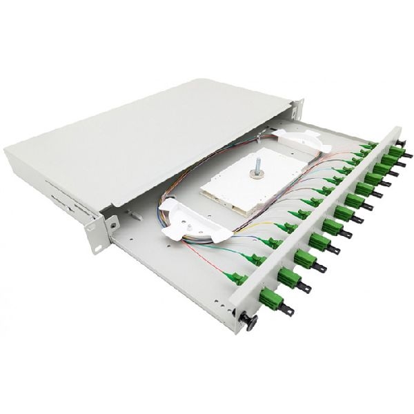 Tecline 205OS2LSHA12 Tecline LWL Spleißbox, 12-fach LSH APC Simplex, OS2, mit LSH APC Simplex-Kupplungen und Pigtails, 19", ausziehbar, lichtgrau RAL