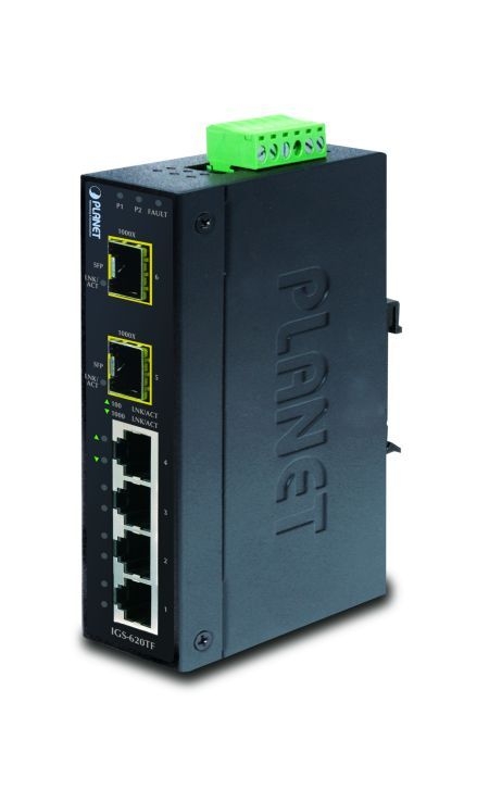 Planet IGS-620TF Planet Industrial Gigabit LWL Switch IGS-620TF, 4x 1 Gigabit/s (RJ45), 2x SFP Slot, für Hutschienenmontage